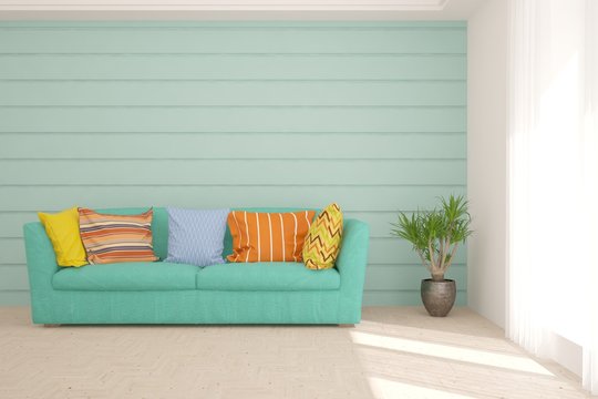 Stylish room in blue color with colorful sofa. Scandinavian interior design. 3D illustration