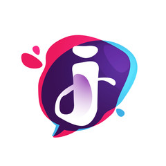 J letter chat app logo at colorful watercolor splash background.