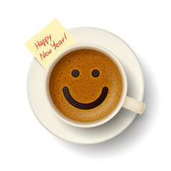 Coffee cup with smiling face, and holiday wishes