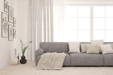 Stylish room in white color with sofa. Scandinavian interior design. 3D illustration
