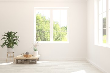 Stylish empty room in white color with summer landscape in window. Scandinavian interior design. 3D illustration
