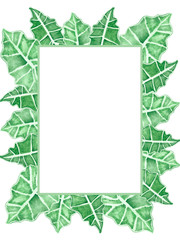 Watercolor hand painted nature squared frame with green tropical leaves and branches with white stripes around on the white background for invitations and greeting cards with the space for text