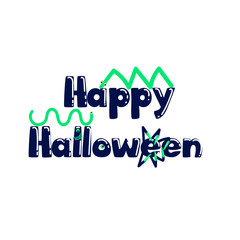 Happy Halloween vector lettering on white background. Holiday calligraphy with one-eyed, worms, lohg nails. Good for poster, greeting card, party invitation. Isolated illustration.