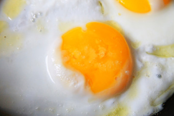 Roasted eggs on the black pan closeup