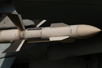 Bomb and missile on a fighter bomber plane. Armament of the aircraft. Aircraft missile launcher. Fighter bomber aircraft.