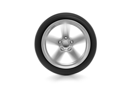 Spinning car wheel isolated on white background.