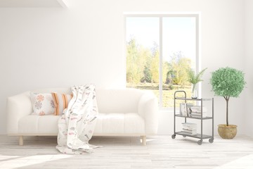 Stylish room in white color with sofa and autumn landscape in window. Scandinavian interior design. 3D illustration