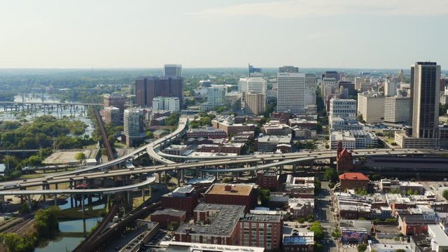 Aerial of Richmond City, highways and bridges in Richmond, drone shooting of industrial Virginia 