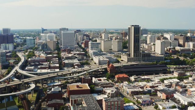 Aerial of Richmond City, highways and bridges in Richmond, drone shooting of industrial Virginia 