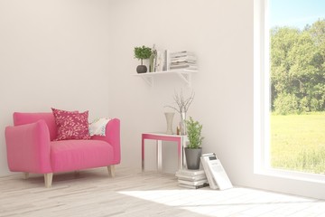 Mock up of stylish room in white color with armchair and green landscape in window. Scandinavian interior design. 3D illustration