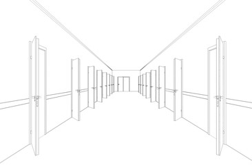 long corridor with doors, contour visualization, 3D illustration, sketch, outline