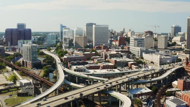 Aerial of Richmond City, highways and bridges in Richmond, drone shooting of industrial Virginia 