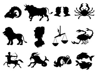 Vector black silhouettes of zodiac signs. All zodiac signs in: Aries, Taurus, Gemini, Cancer, Leo, Virgo, Libra, Scorpio, Sagittarius, Capricorn, Aquarius, Pisces