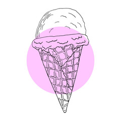 Ice cream in a waffle cone, cold. Vector illustration, icon, hand draw.
