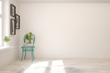 Fototapeta na wymiar Empty room in white color with classic chair. Scandinavian interior design. 3D illustration