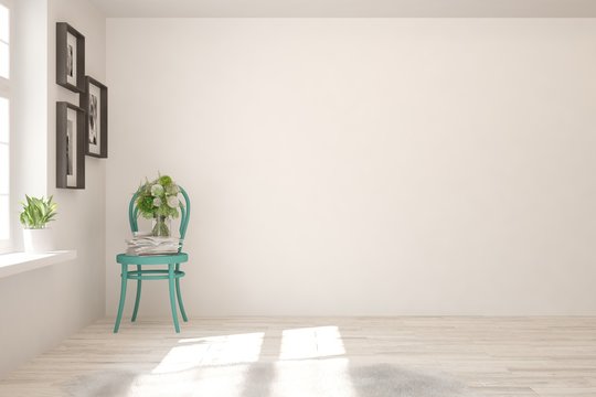 Empty room in white color with classic chair. Scandinavian interior design. 3D illustration