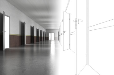 long corridor with doors, interior visualization, 3D illustration