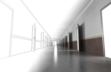 long corridor with doors, interior visualization, 3D illustration