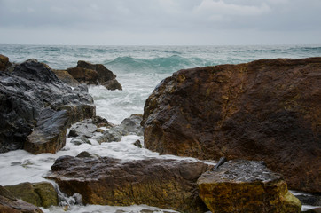 Rocky beach landscape in the Tayrona National Park, Colombia