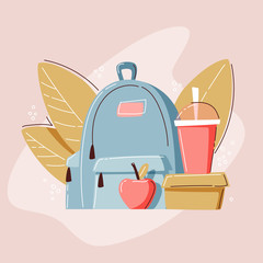 Сhild eating for lunch at school. Lunchbox with meal, apple, drink and bag. Vector illustration