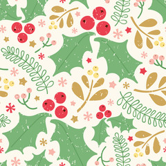 Seamless vector pattern with holly berries, mistletoe, leaves and berries.