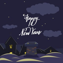 Old chimney on the roof and Happy New Year lettering against the night starry sky. Christmas card.