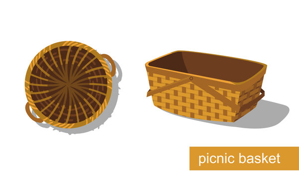 Picnic Basket Set.straw Weaving. Vector Illustration