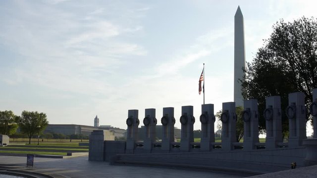 The World War II Memorial, Washington Monument, and Old Post Office in the Morning.