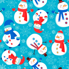 Seamless vector pattern with cartoons snowman and snowflakes.