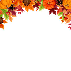Naklejka na ściany i meble Vector autumn wreath with orange pumpkins, pinecones and colorful leaves.