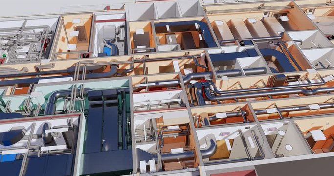 3D BIM model of the floor plan of a building with utilities Top view