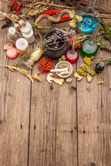 Witch's Laboratory. Alchemical equipment, Halloween concept