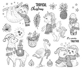 Christmas cute animals: lama sloth panda flamingo. Hand drawn trendy doodle icon set. Merry Xmas Happy New year cartoon sketch. Vector illustration isolatated on white backgraund with text slogan