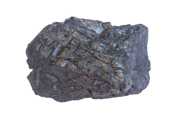 Black coal mine close-up with soft focus. Anthracite coal bar isolaned on white. Natural black coal bar for design. Industrial coal nugget close up