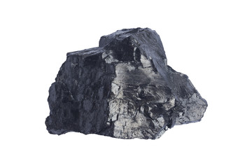 Black coal mine close-up with soft focus. Anthracite coal bar isolaned on white. Natural black coal bar for design. Industrial coal nugget close up