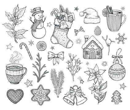 Christmas hand drawn doodle icon set. Merry Xmas Happy New year symbol, retro sketch style. Cute emblem of sock, snowman, cookie, Santa hat, bow. Vector illustration isolatated on white backgraund