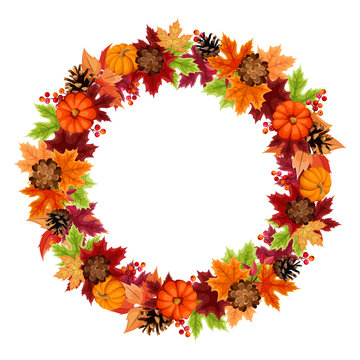 Vector autumn wreath with orange pumpkins, pinecones and colorful leaves.