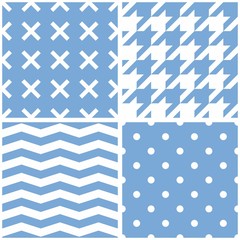 Seamless vector pattern set with white polka dots, hounds tooth, zig zag and x cross on a pastel baby blue background. For tile website design, desktop wallpaper, kids background