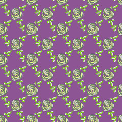 Abstract roses seamless pattern, khaki and yellow green petals, white stripes, purple background.