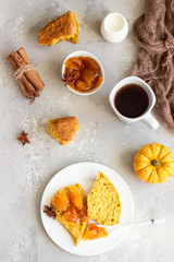 Traditional English cuisine. Breakfast with spicy pumpkin scones, a cup of tea and milk.