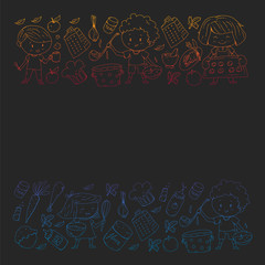 Healthy food and cooking. Fruits, vegetables, household. Doodle vector set.