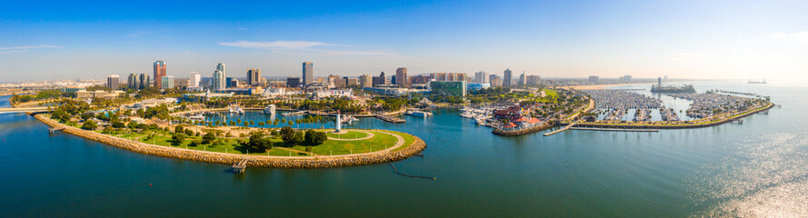 Aerial panoramic view of the Long Beach coastline, harbour, skyline and Marina in Long Beach with...