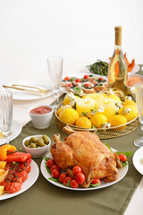 Many dishes served on table for big family dinner