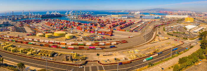 Aerial view of harbour cargo containers in Southern California port near the Long Beach district....