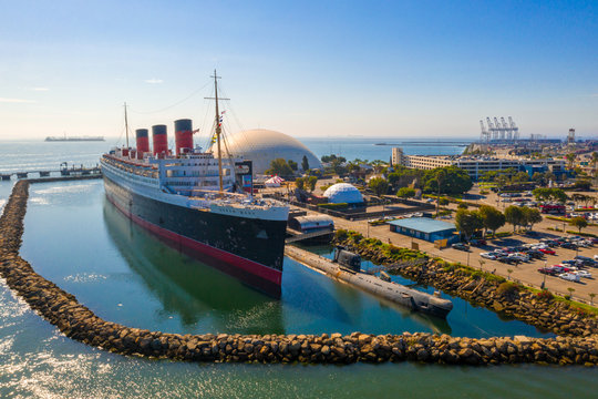 Gorgeous aerial view of RMS Queen Mary ocean liner at Long Beach, Los Angeles, CA.