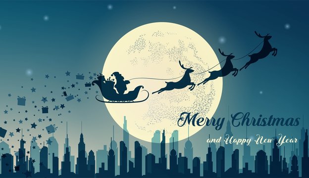 Santa Claus in sleigh and reindeer sled on background of full moon. Santa Claus flying over the city and gives gifts.  Merry Christmas and happy New year. Vector illustration