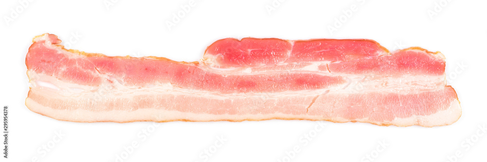 Wall mural Rasher or sliced bacon ready for cooking. One piece of pork belly isolated on white background, banner size close-up.