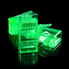 Connector rj-45. Three neon green transparent connectors rj45 for network and internet. Close-up...