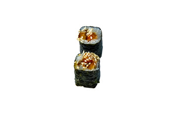 Roll with salmon rice and avocado in nori. Isolated