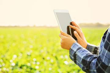 Female farmer with tablet computer working in field